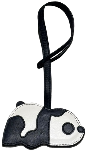 A black and white faux leather panda-shaped luggage tag with a black strap, shown on a plain white background.
